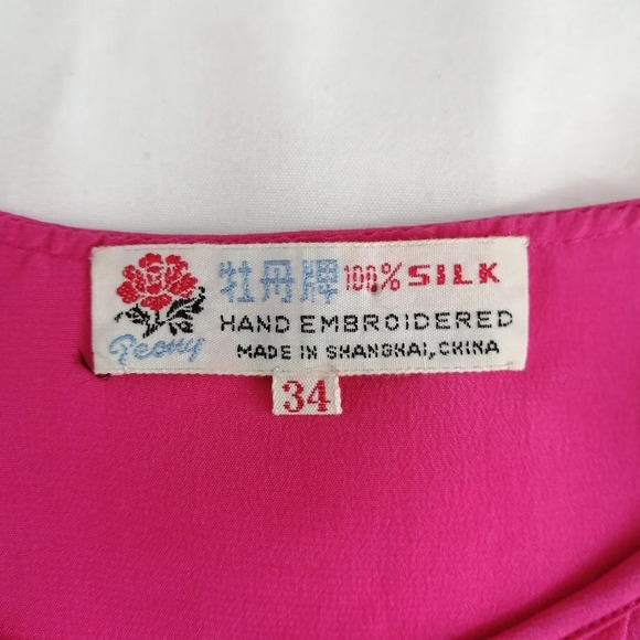 Vintage Peony Pure Silk Hand Embroidered Pink Long Sleeve Blouse Size 34 Small - Picture 12 of 17